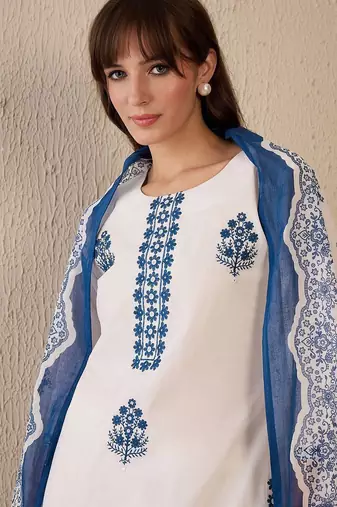 Women Floral Embroidered Regular Thread Work Pure Cotton Kurta with Trousers & With Dupatta