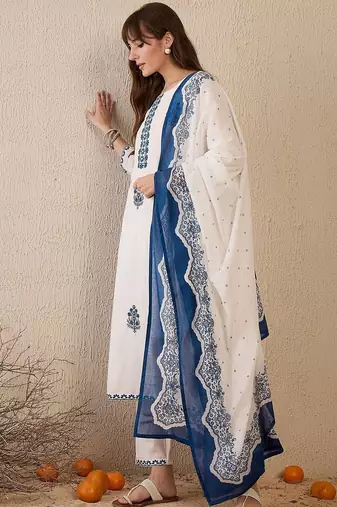Women Floral Embroidered Regular Thread Work Pure Cotton Kurta with Trousers & With Dupatta