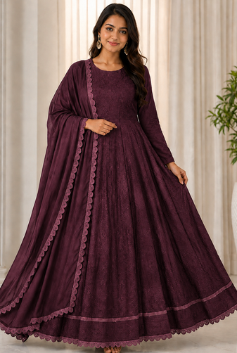 maroon color thread embroidery work with gpo lace border georgette gown set