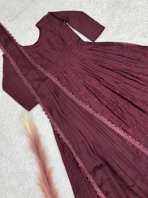 maroon color thread embroidery work with gpo lace border georgette gown set 2