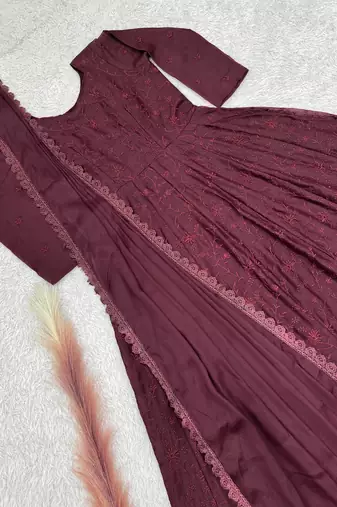 maroon color thread embroidery work with gpo lace border georgette gown set