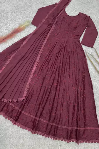 maroon color thread embroidery work with gpo lace border georgette gown set