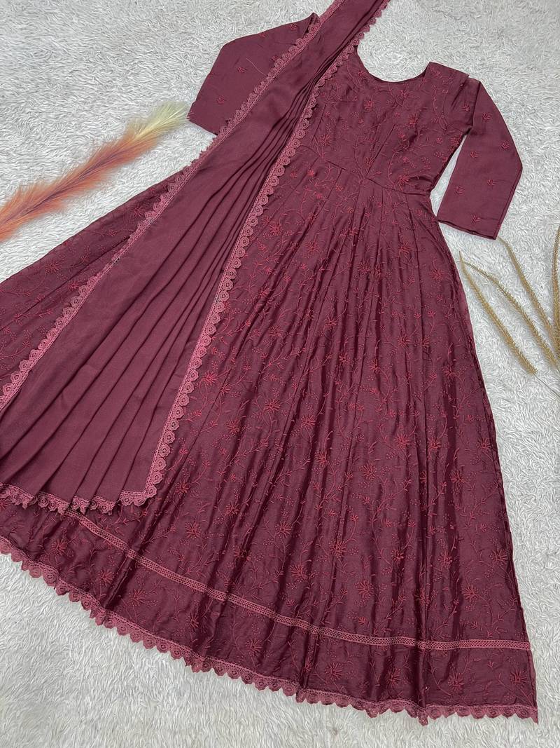maroon color thread embroidery work with gpo lace border georgette gown set