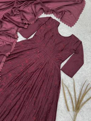 maroon color thread embroidery work with gpo lace border georgette gown set 4