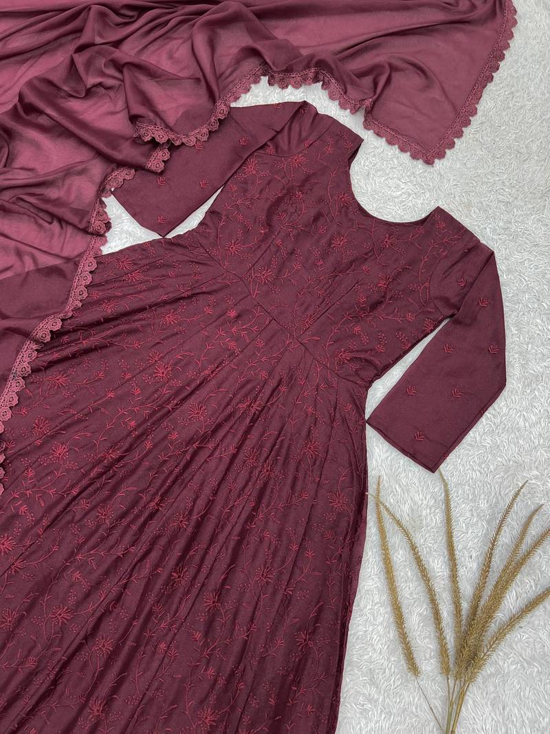 maroon color thread embroidery work with gpo lace border georgette gown set