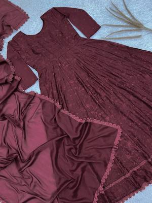 maroon color thread embroidery work with gpo lace border georgette gown set 5
