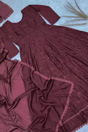 maroon color thread embroidery work with gpo lace border georgette gown set