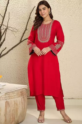 Floral Yoke Design Flared Sleeves Zari Straight Kurta With Trousers