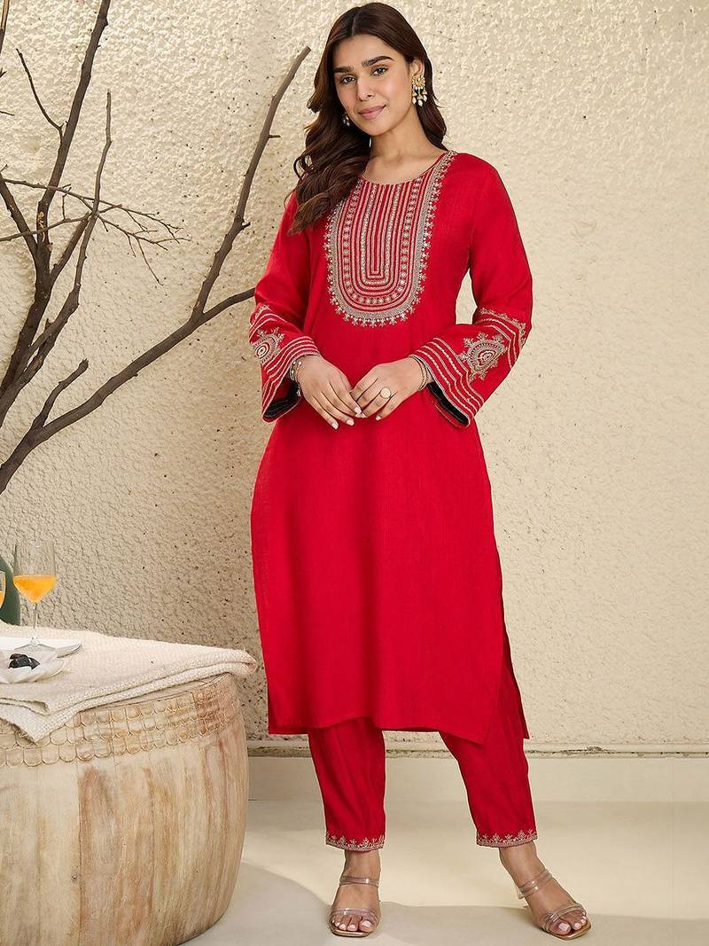 Floral Yoke Design Flared Sleeves Zari Straight Kurta With Trousers