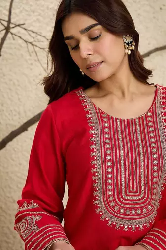 Floral Yoke Design Flared Sleeves Zari Straight Kurta With Trousers