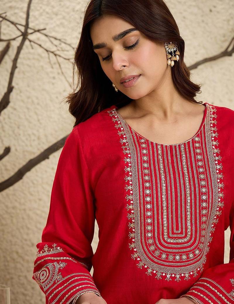 Floral Yoke Design Flared Sleeves Zari Straight Kurta With Trousers