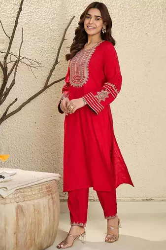 Floral Yoke Design Flared Sleeves Zari Straight Kurta With Trousers