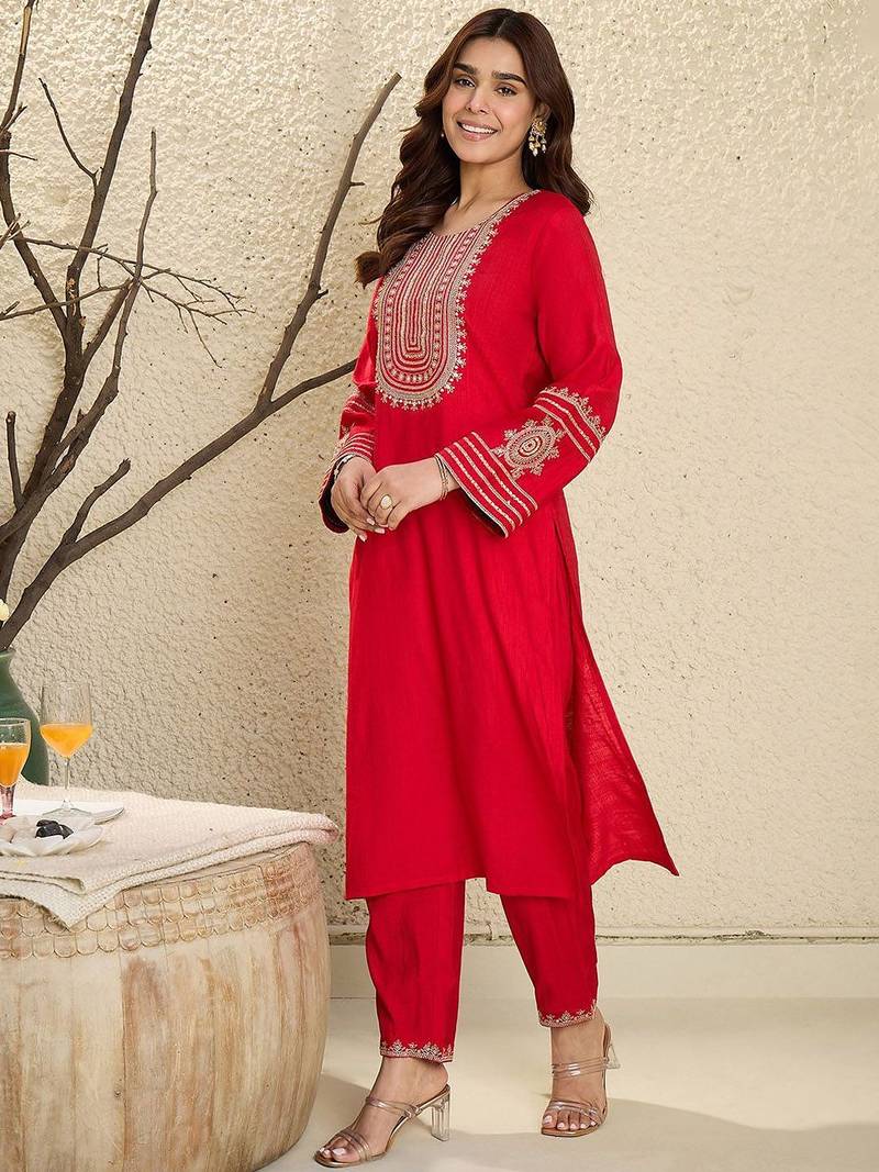 Floral Yoke Design Flared Sleeves Zari Straight Kurta With Trousers