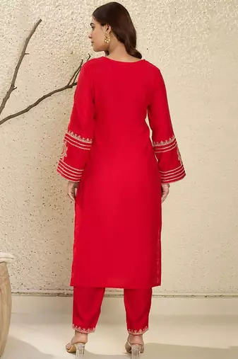 Floral Yoke Design Flared Sleeves Zari Straight Kurta With Trousers