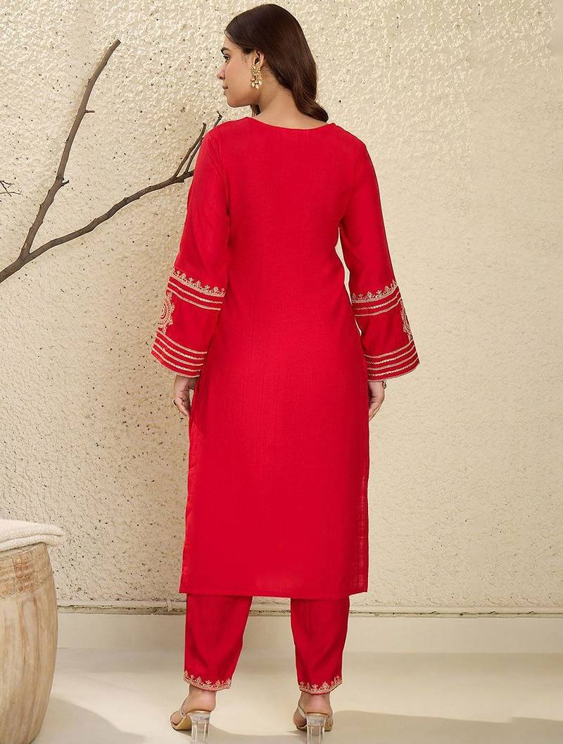 Floral Yoke Design Flared Sleeves Zari Straight Kurta With Trousers