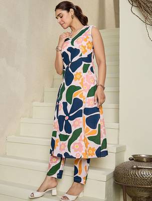 Floral Printed V-Neck Sleeveless Pure Cotton A-Line Kurta With Trousers 1