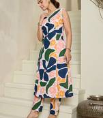 Floral Printed V-Neck Sleeveless Pure Cotton A-Line Kurta With Trousers