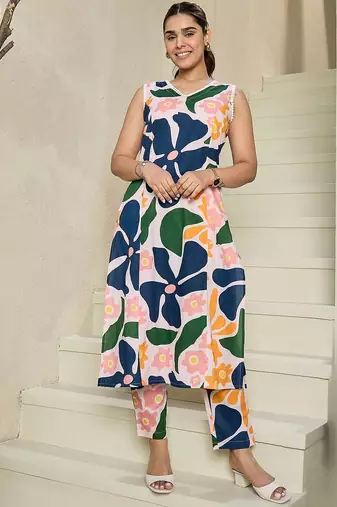 Floral Printed V-Neck Sleeveless Pure Cotton A-Line Kurta With Trousers