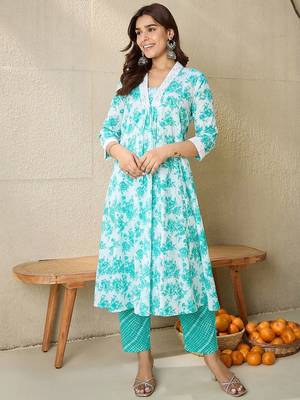 Floral Printed V-Neck Pure Cotton A-Line Kurta With Trousers 2