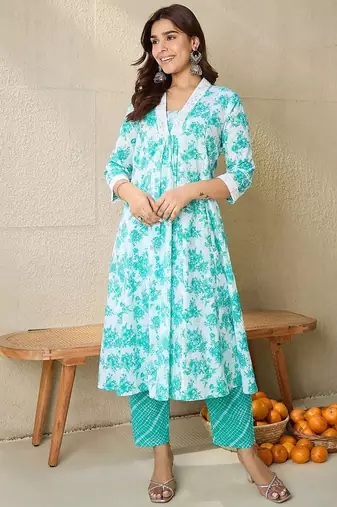 Floral Printed V-Neck Pure Cotton A-Line Kurta With Trousers