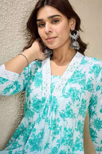 Floral Printed V-Neck Pure Cotton A-Line Kurta With Trousers