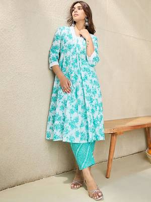 Floral Printed V-Neck Pure Cotton A-Line Kurta With Trousers 5