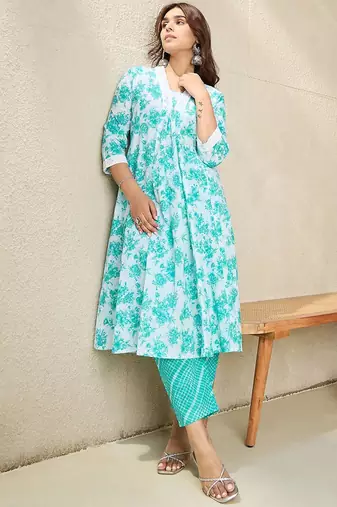 Floral Printed V-Neck Pure Cotton A-Line Kurta With Trousers