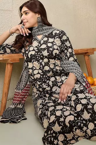 Floral Printed Notch Neck Pure Cotton Straight Kurta With Salwar & Dupatta
