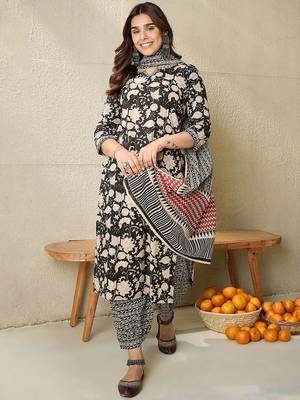 Floral Printed Notch Neck Pure Cotton Straight Kurta With Salwar & Dupatta 1