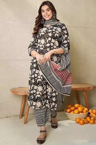 Floral Printed Notch Neck Pure Cotton Straight Kurta With Salwar & Dupatta