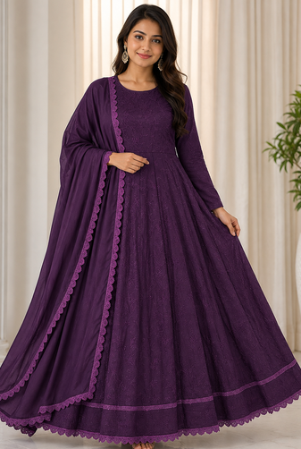 purple color thread embroidery work with gpo lace border georgette gown set