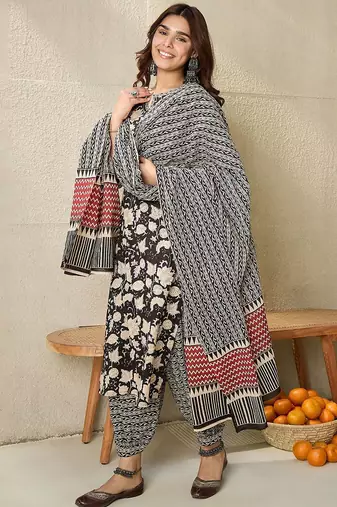 Floral Printed Notch Neck Pure Cotton Straight Kurta With Salwar & Dupatta