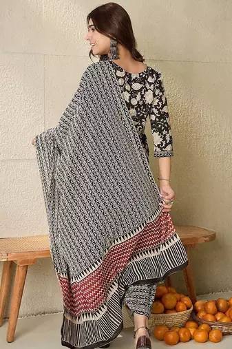 Floral Printed Notch Neck Pure Cotton Straight Kurta With Salwar & Dupatta