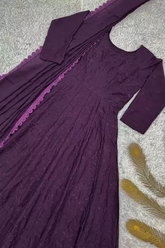 purple color thread embroidery work with gpo lace border georgette gown set