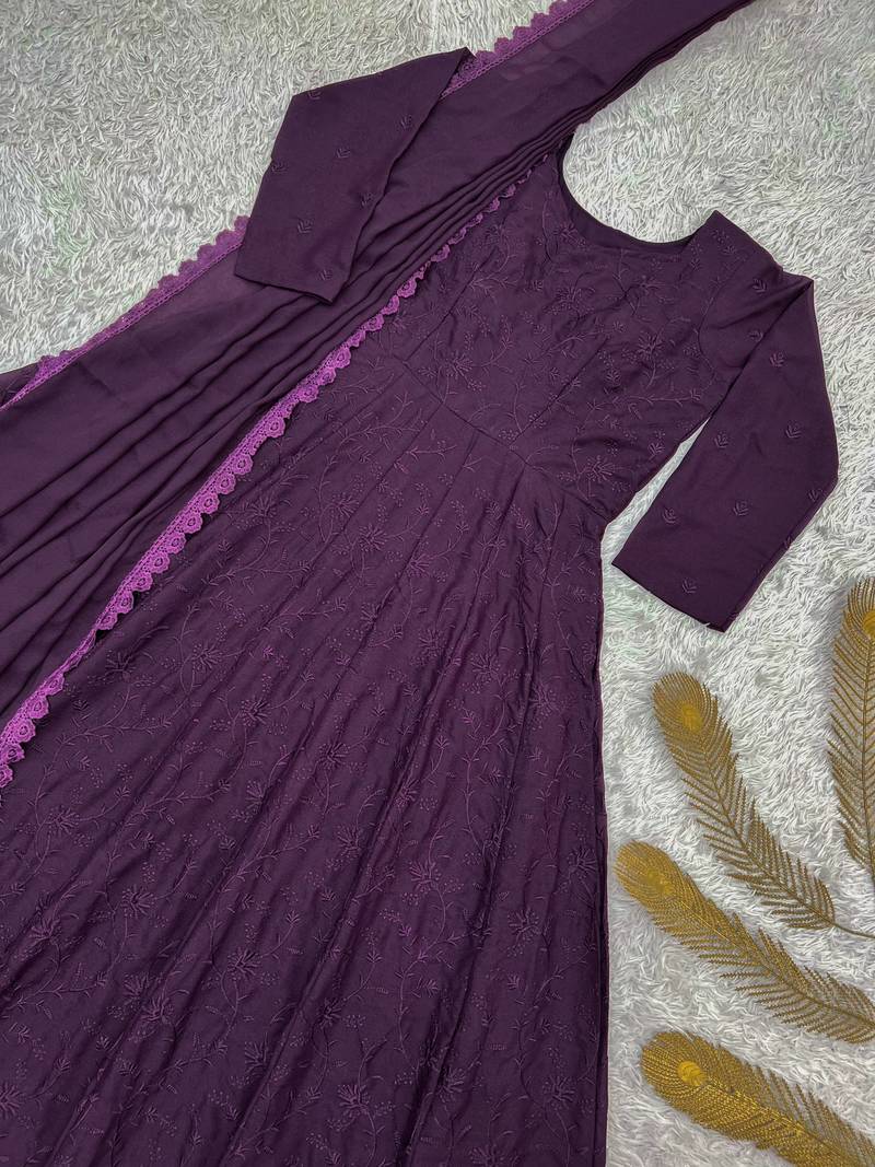 purple color thread embroidery work with gpo lace border georgette gown set