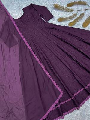 purple color thread embroidery work with gpo lace border georgette gown set 3