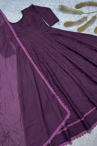 purple color thread embroidery work with gpo lace border georgette gown set