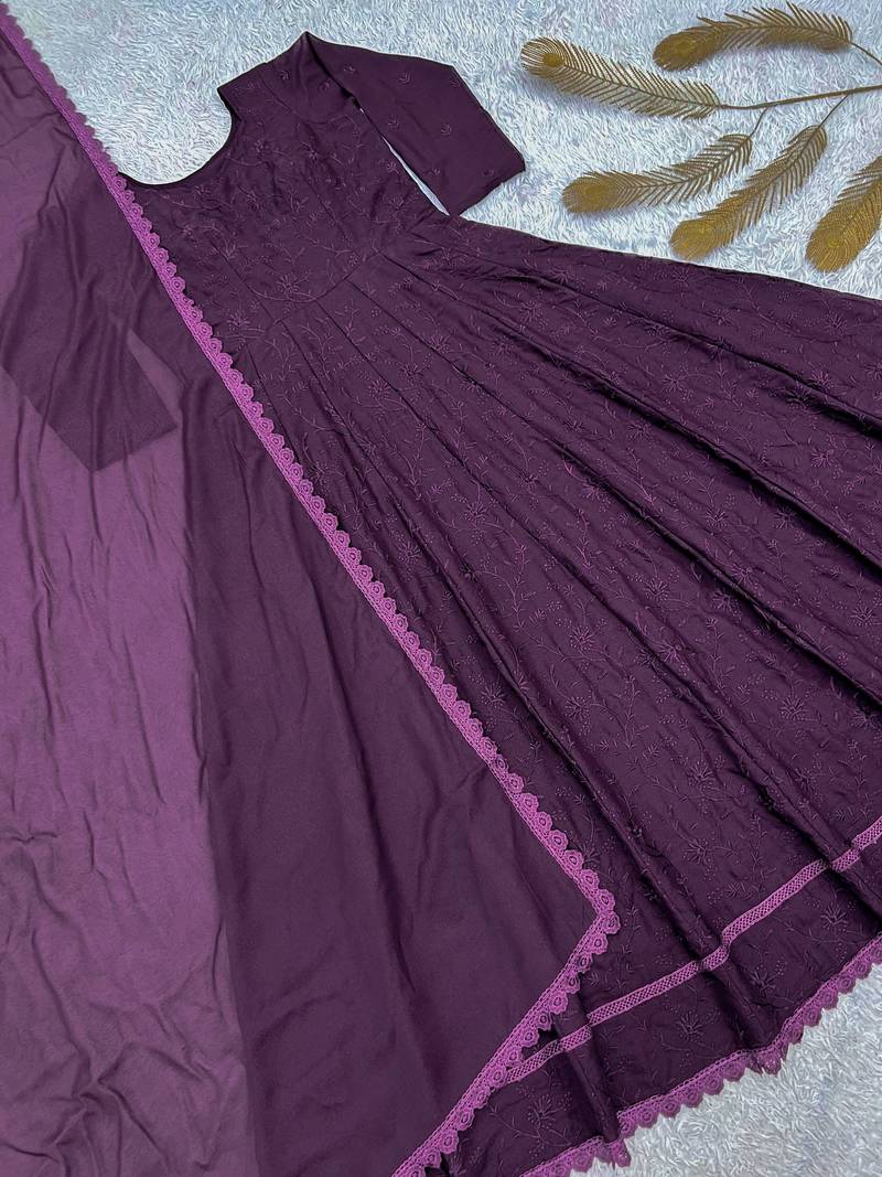 purple color thread embroidery work with gpo lace border georgette gown set