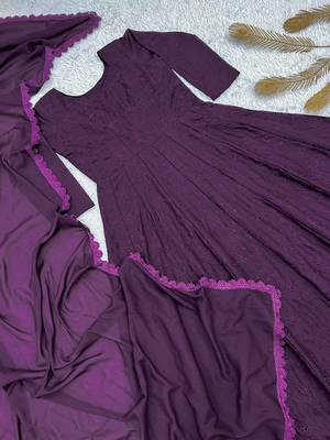 purple color thread embroidery work with gpo lace border georgette gown set 4