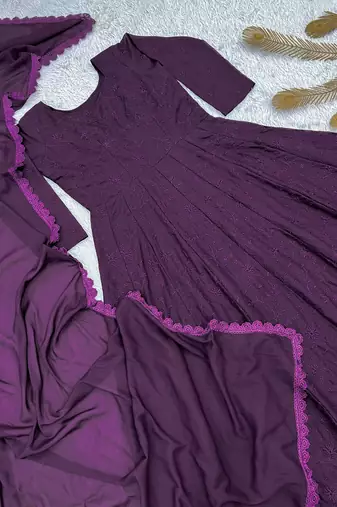 purple color thread embroidery work with gpo lace border georgette gown set