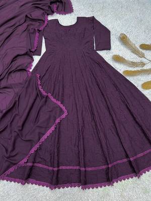 purple color thread embroidery work with gpo lace border georgette gown set 5