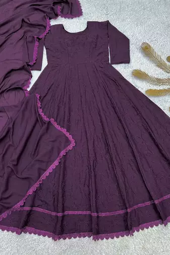 purple color thread embroidery work with gpo lace border georgette gown set