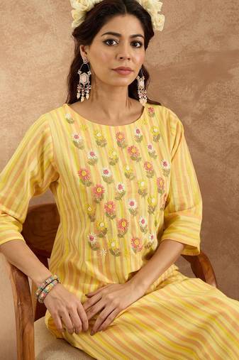 Floral Embroidered Pure Cotton Straight Kurta with Trouser