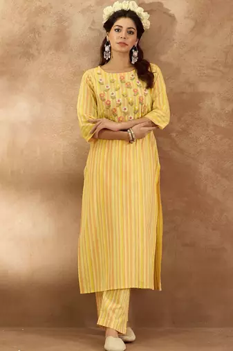 Floral Embroidered Pure Cotton Straight Kurta with Trouser