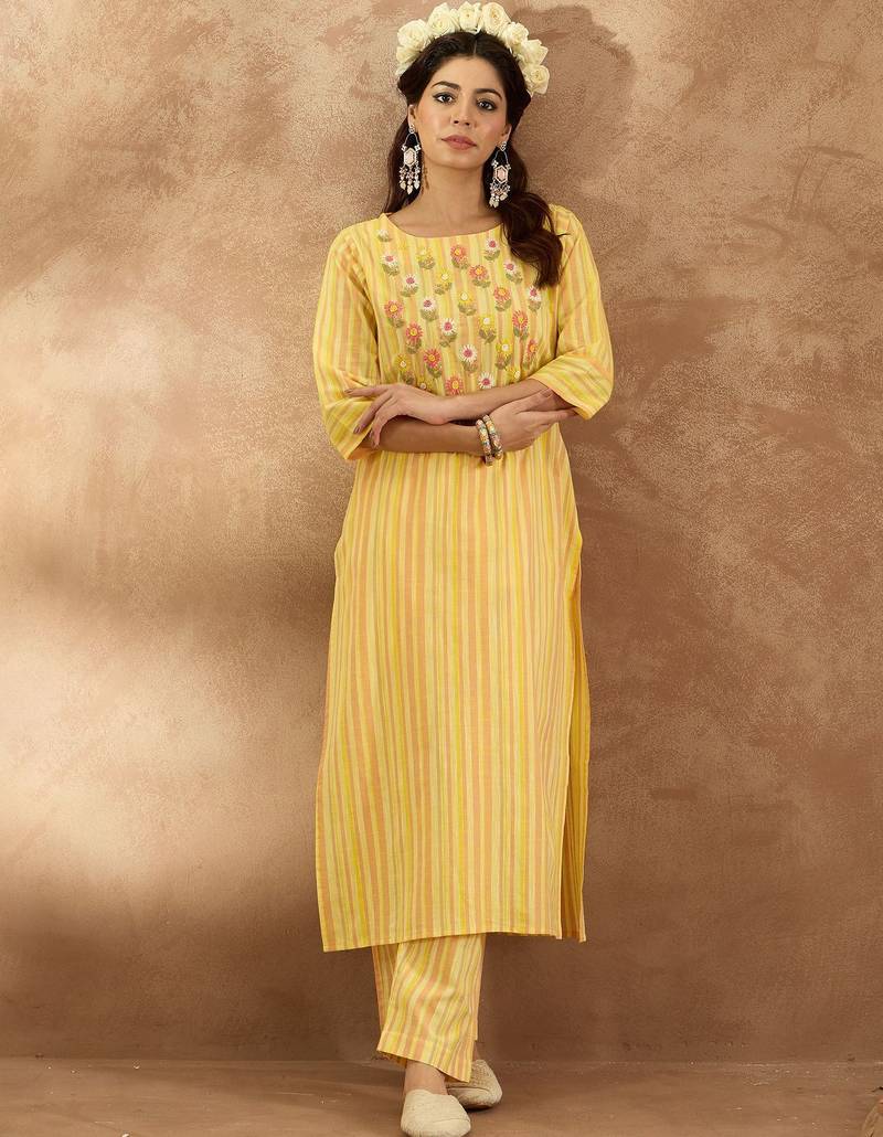 Floral Embroidered Pure Cotton Straight Kurta with Trouser