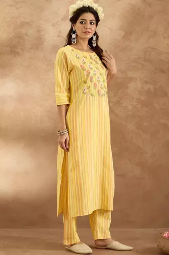 Floral Embroidered Pure Cotton Straight Kurta with Trouser
