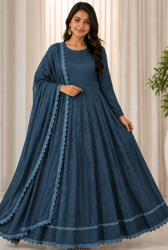 teal color thread embroidery work with gpo lace border georgette gown set