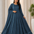 teal color thread embroidery work with gpo lace border georgette gown set