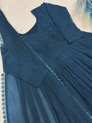 teal color thread embroidery work with gpo lace border georgette gown set 2