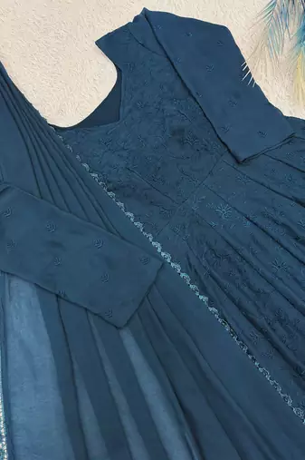 teal color thread embroidery work with gpo lace border georgette gown set